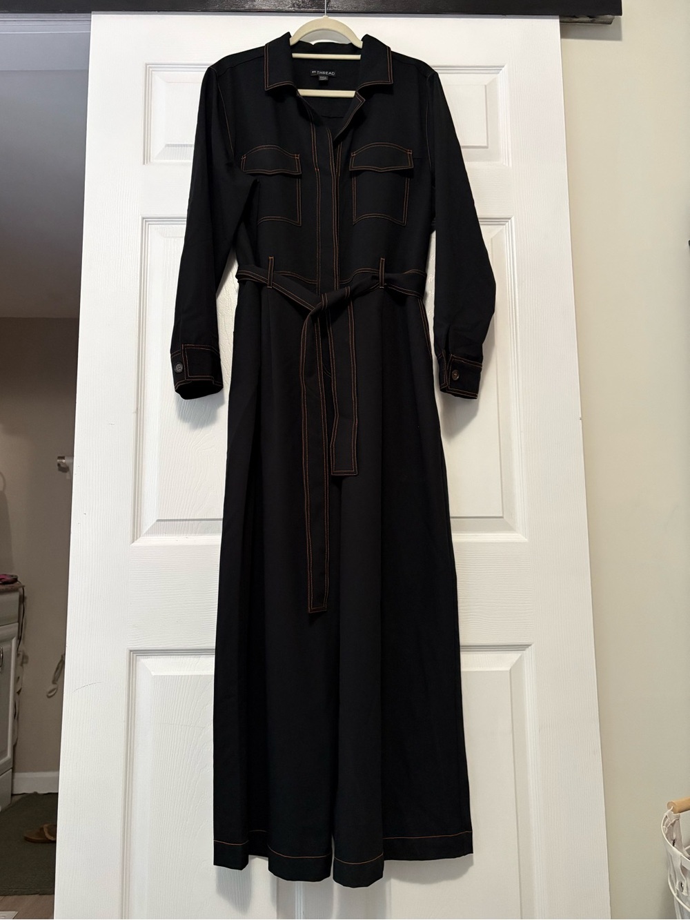 En Thread Black Brown Stitching Belted Jumpsuit XL